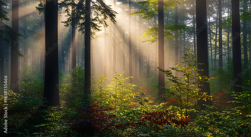 Obraz premium Sunlight beaming through a dense and misty forest