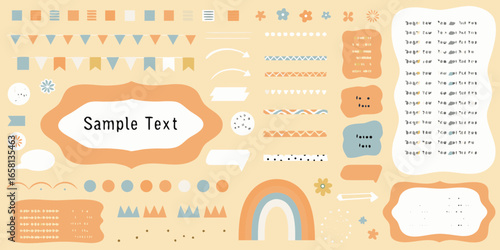 Whimsical Hand Drawn Design Elements and Text Boxes with Rainbow and Bunting scrapbook banner