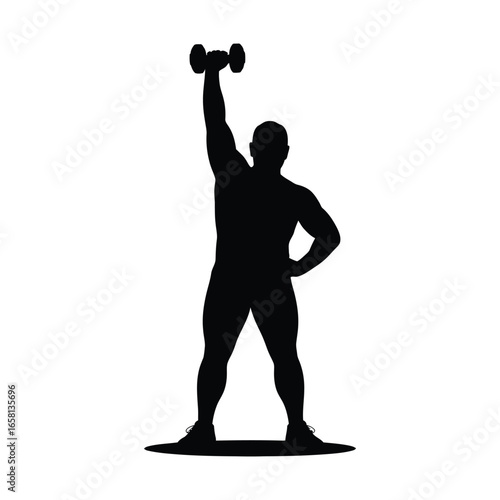 Silhouette of muscular person standing with one arm raised holding dumbbell, other hand on hip, symbolizing strength and fitness confidence
