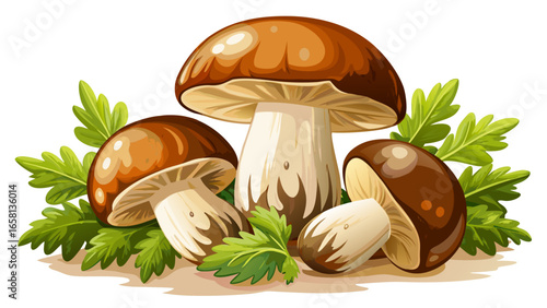 Fresh brown and white mushrooms with delicate green parsley leaves displayed elegantly on beige background, macro food photography capturing texture, natural details, vibrant freshness, perfectly isol