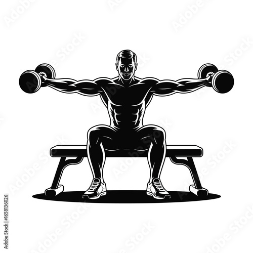 Black and white illustration of muscular person seated on bench performing lateral dumbbell raise, emphasizing shoulder strength and control