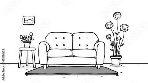 Line drawing shows couch, picture, table, flowers against a blank wall