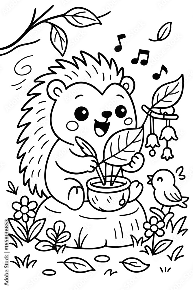 Obraz premium Adorable hedgehog enjoying nature's melody with a bird in a whimsical forest