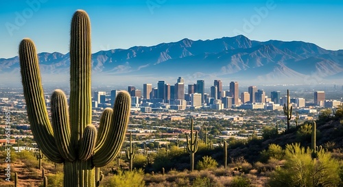 Iconic saguaro cactus frames arizona desert cityscape with distant mountains under blue sky