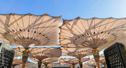 Exterior architecture of giant umbrella at the Masjid an-Nabawi, Medina