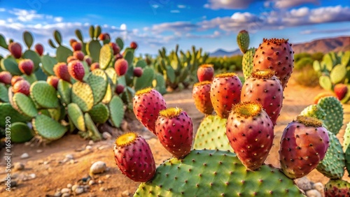 Prickly Pear Cactus Fruits Growing on Pads in Desert Landscape