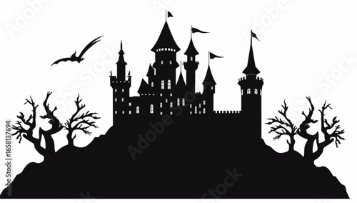 haunted medieval castle silhouette, ominous and tall, black against stark white.