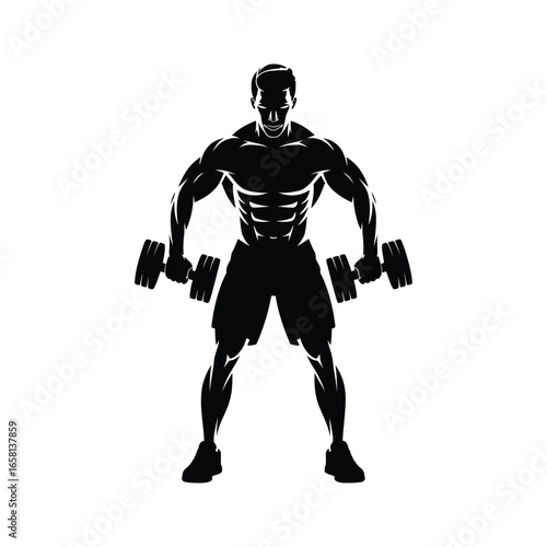 Black and white silhouette of muscular person standing with dumbbells in both hands, emphasizing strength, physique, and fitness stance