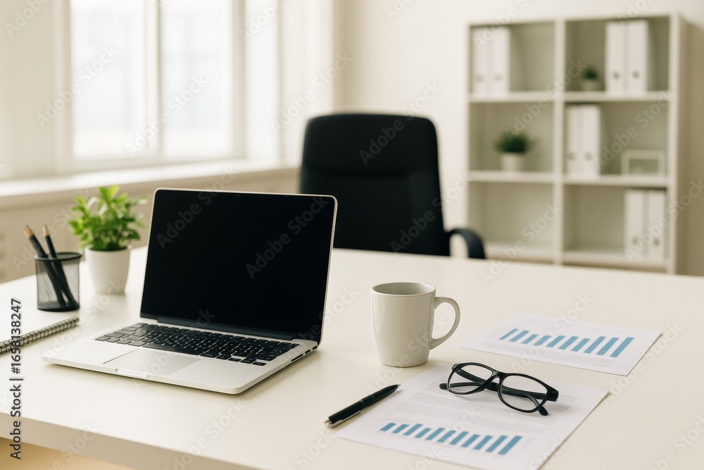 Fototapeta premium Laptop, coffee cup, eyeglasses, pen, notepad, and business documents arranged on a clean white desk in a modern office, highlighting a productive work environment