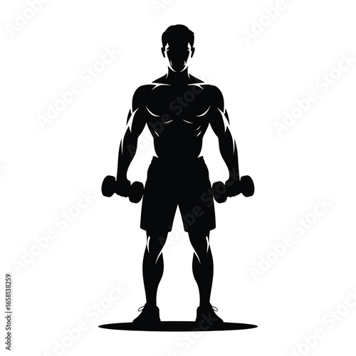Silhouette of muscular person standing upright with dumbbells in both hands, emphasizing strength, physique, and fitness posture