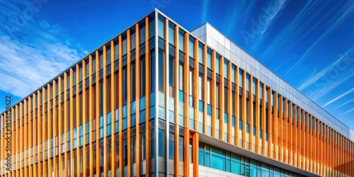 Modern Building with Blue Sky and Orange Stripes