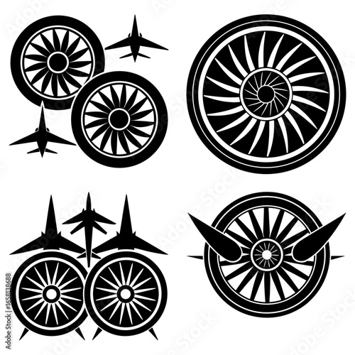 Illustration featuring airplane wheels and airplanes in a black and white design format image
