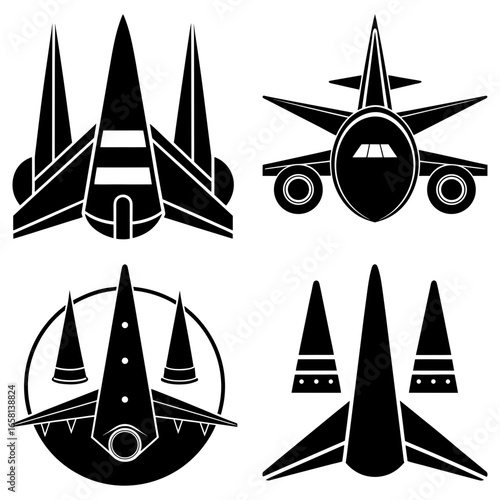 Four stylized black and white spaceship designs arranged in a square format with sharp angles and clean lines