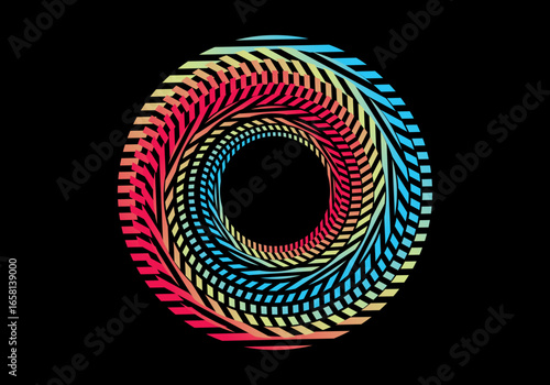 Vector background of rotating elliptical 3D shapes, consisting of a pattern of squares and wavy lines with colorful gradations.