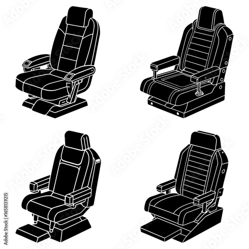 Four black and white illustrations of ergonomic chairs with armrests and adjustable features shown