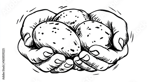 Hands holding three potatoes, sketched. Black and white, simple lines