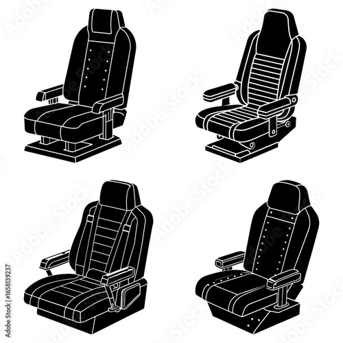 Four black and white illustrations of different types of chairs with armrests and headrests shown