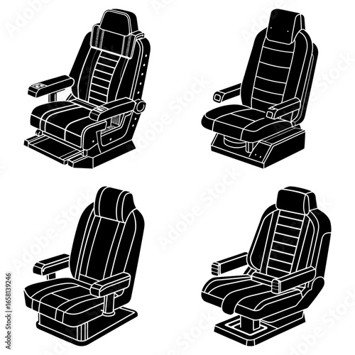 Four detailed black and white illustrations of ergonomic chairs with armrests and headrests in different styles