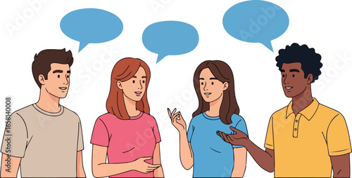 Group of Diverse People Talking with Speech Bubbles- Multi-Ethnic Friends Chatting and Communicating