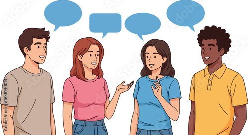 Group of Diverse People Talking with Speech Bubbles -Team Discussion and Brainstorming Session