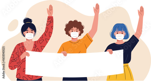 People in Medical Masks Protesting with Blank Banner-group of people with banner