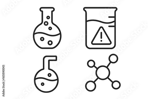 Alchemy and chemistry linear icons set. Science lab equipment symbols. Vector collection with flask, potion, retort, molecule and beaker with hazardous warning sign for research.