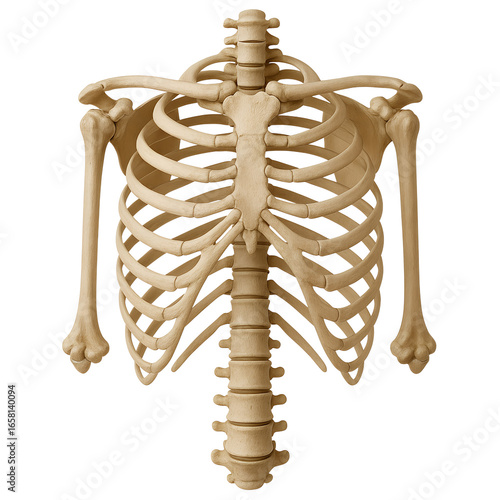 Anatomically Correct Human Torso Skeleton Featuring Ribcage, Spine, and Arms on Transparent Background