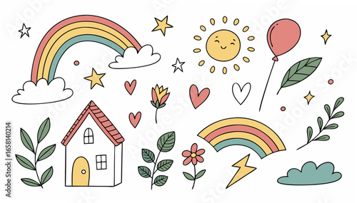 A charming collection of hand drawn doodle elements including rainbows a smiling sun a house hearts flowers leaves a balloon and stars