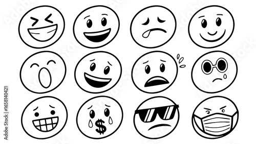 A collection of twelve hand drawn cartoon emoji faces expressing a variety of emotions and moods with a simple black and white outline style