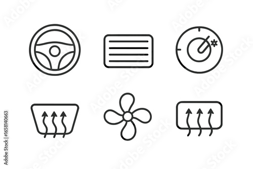Car climate control line icon set. Vector symbols for automotive dashboard interface. AC, heating, ventilation, defrost, fan speed, and temperature regulation pictogram collection.