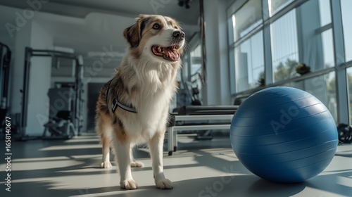 Energetic Dog in Modern Gym with Blue Exercise Ball - Perfect for Fitness and Pet-Themed Stock Photos