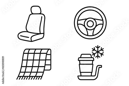 Car trip essentials outline icon set. Winter road trip items. Automotive comfort symbols. Vehicle interior, car seat, steering wheel, warm plaid blanket, hot coffee cup. Travel.