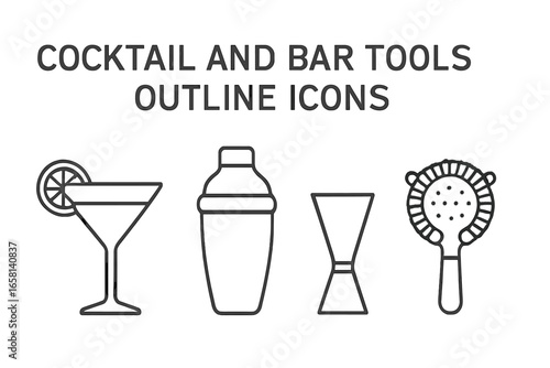Cocktail and bar tools outline icons set. Mixology equipment and bartender essentials. Vector line art illustration with shaker, jigger, strainer, and margarita glass icon.