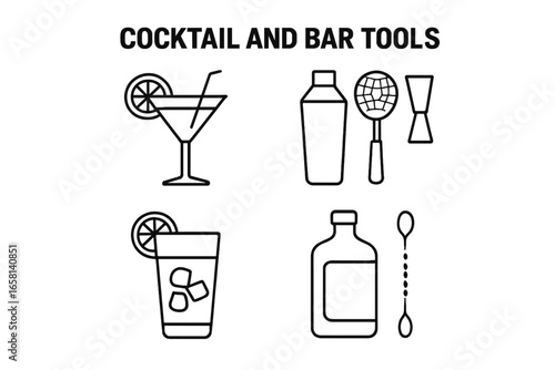 Cocktail and bar tools icon set. Linear vector icons for mixology and bartending. Essentials include shaker, jigger, strainer, bar spoon, glasses, and bottle. Outline style.