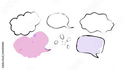 Abstract pastel pink and lavender shapes with speech bubble and doodle elements on black background