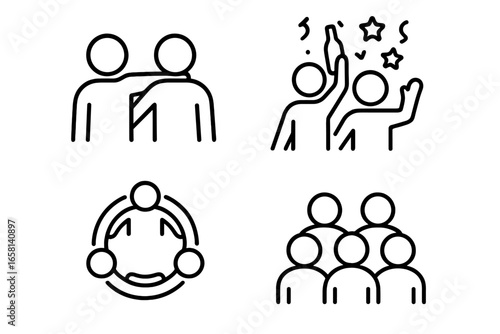 Friendship, celebration, community and teamwork outline icons set. Social linear symbols for party, partnership, friends, group of people and collaboration. Vector pictogram pack.