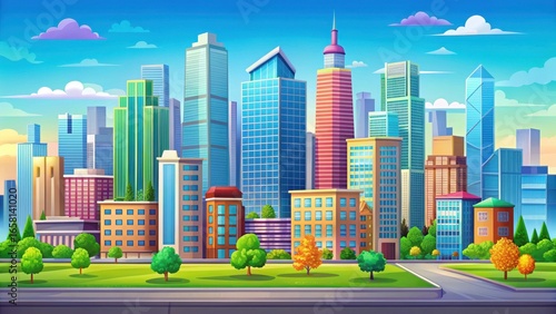 Vibrant cartoon cityscape with open spaces and modern architecture