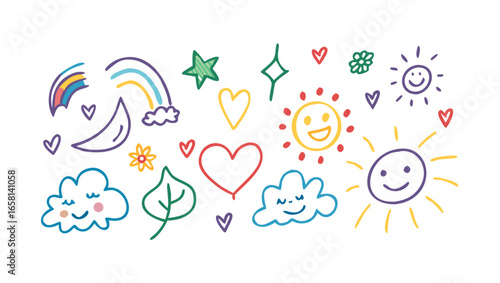 Collection of charming hand drawn doodle icons featuring smiling suns rainbows clouds hearts stars and a leaf on a black background