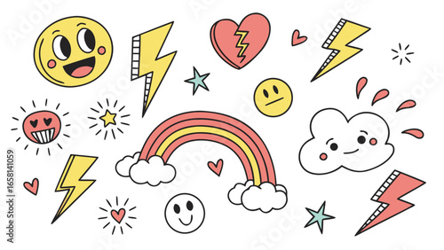 Collection of cheerful and quirky hand drawn doodle icons including smiling faces rainbows lightning bolts hearts and clouds