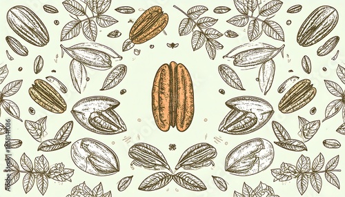 Detailed Botanical Illustration of Pecans, Leaves, and Nuts in a Patterned Arrangement