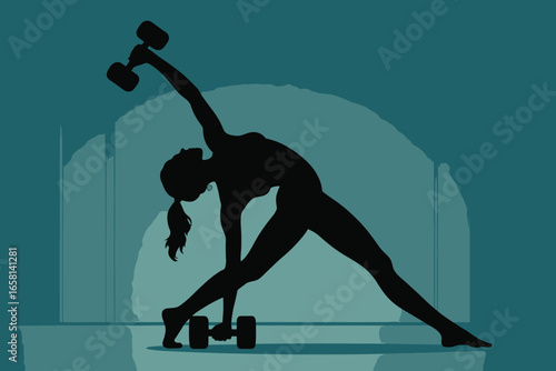 Silhouette of person in side lunge holding dumbbells overhead and downward, set against teal gradient background with abstract shapes