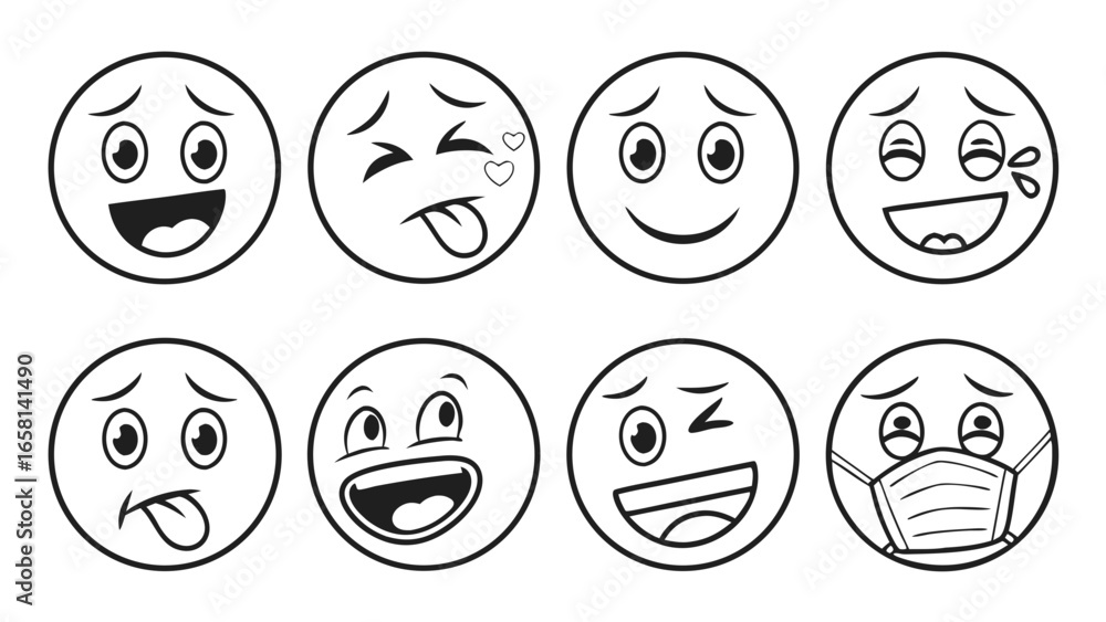 Collection of eight expressive cartoon emoji faces showing various emotions and reactions including laughter and wearing a mask Collection of eight expressive cartoon emoji faces showing various emotions and reactions including laughter and wearing a mask