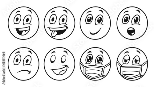 Collection of eight cartoon smiley faces with different expressions including one with a tongue out and two wearing medical masks