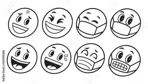 Collection of eight cartoon emoji faces showing various emotions including laughter crying and wearing protective face masks