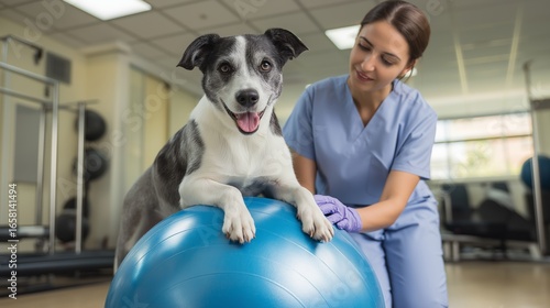 Dog Enjoys Veterinary Physical Therapy on Exercise Ball with Caring Vet in Clinic Setting
