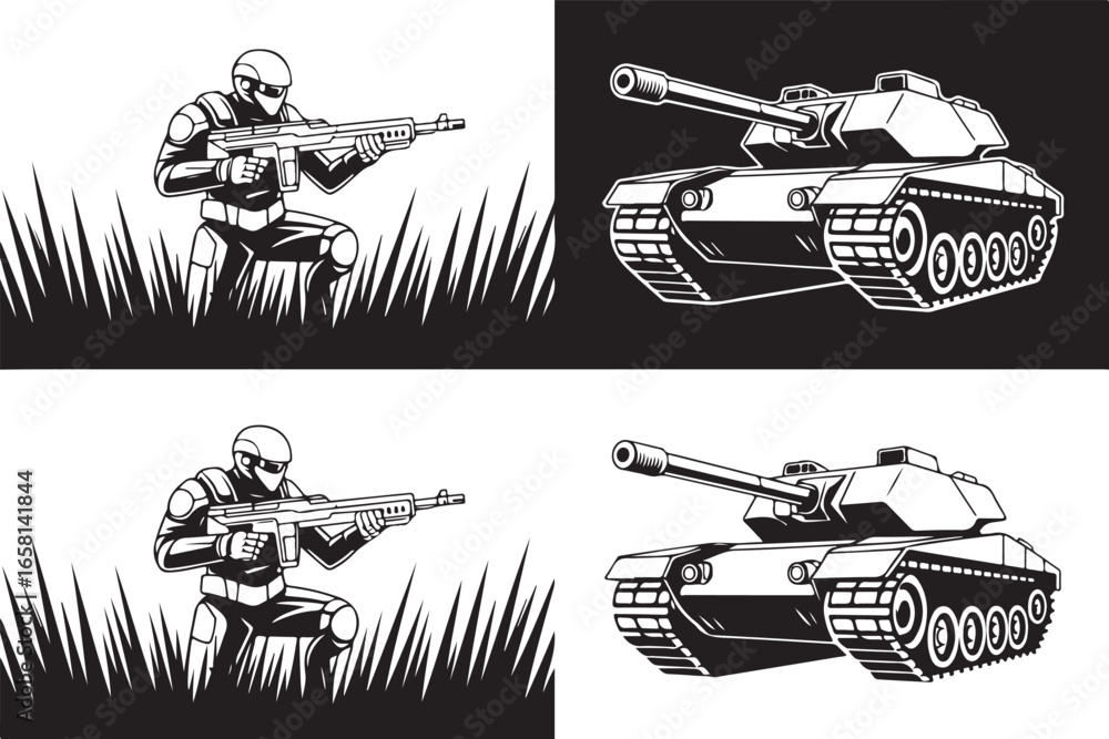 Obraz premium Military Tank Vehicles and Soldiers Set
