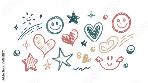 Collection of hand drawn doodle icons featuring smiling faces hearts and stars in a pastel color palette on a black background