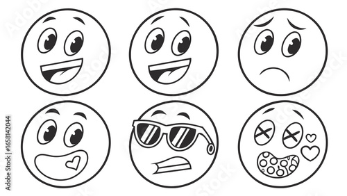Collection of six cartoon smiley faces expressing different emotions and moods in a simple line art style