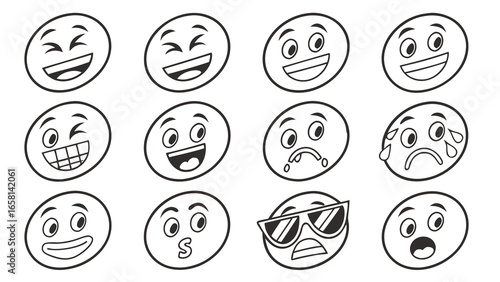 Collection of twelve cartoon emoji faces expressing various emotions and expressions in a simple black and white line drawing style