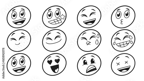 Collection of twelve distinct black and white cartoon emoji faces expressing a variety of emotions and reactions
